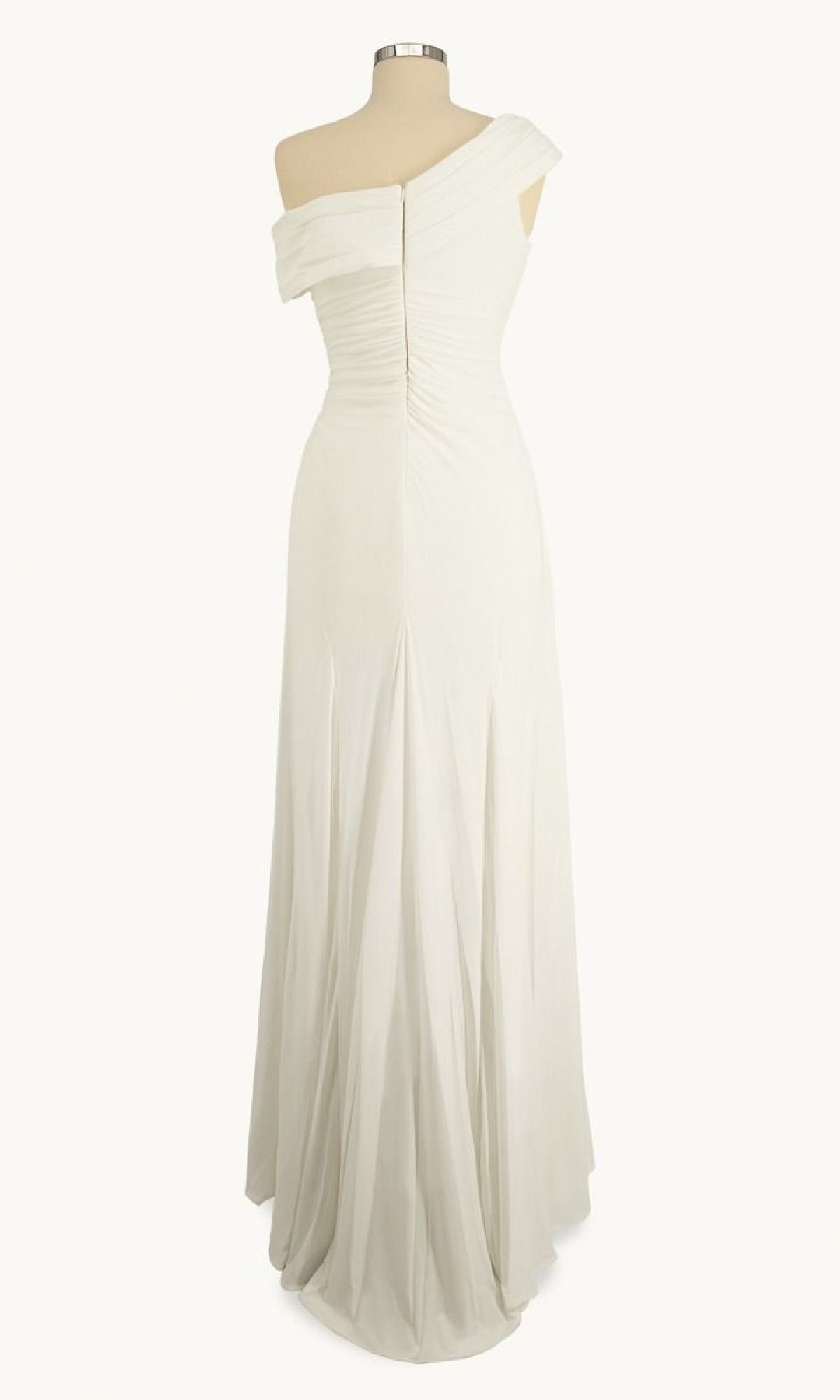 The Amoris T805W One-Shoulder White Prom Gown features ruched bodice detailing and an elegant design, shown from the back on a dress form—an affordable formal dress ideal for special occasions.